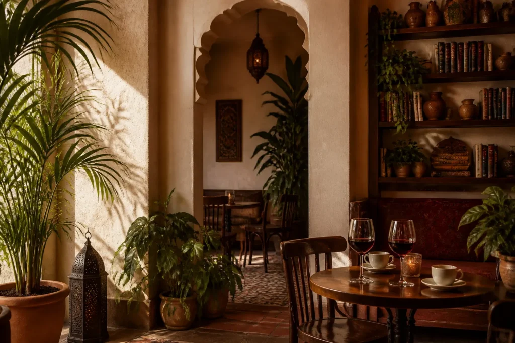Interior acogedor de inspiración andaluza con plantas, libros, café y vino